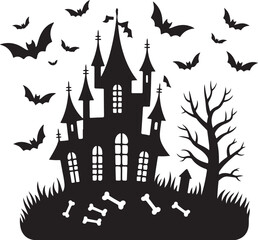 Haunted Castle Bats Bones Tree Silhouette Halloween Spooky Scary Horror