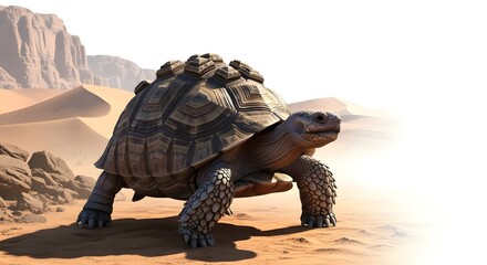 A tortoise walking through a desert landscape with sand dunes and rocky hills in the background