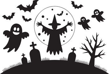 Haunted Castle Bats Bones Tree Silhouette Halloween Spooky Scary Horror