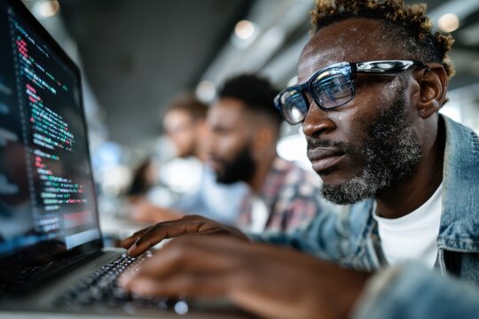 Focused software developer writing code on laptop in a modern workspace during the day