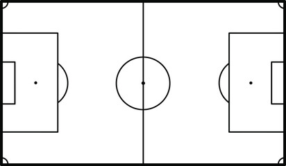 Simple soccer field layout vector illustration, minimal football pitch top view design with goal area and center circle, isolated black outline diagram © Momotaj Contributor