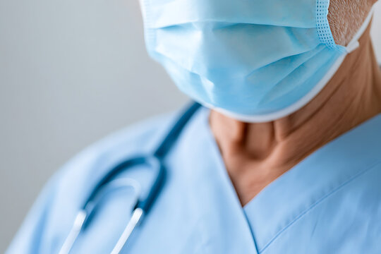 Healthcare worker wearing surgical mask with a stethoscope around their neck. The person is wearing light blue scrubs and the background is a plain grey.