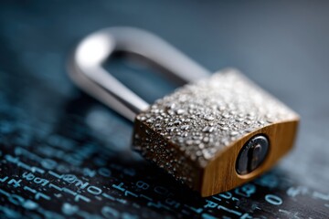 Secure lock resting on a digital background with code symbols showcasing themes of security and technology