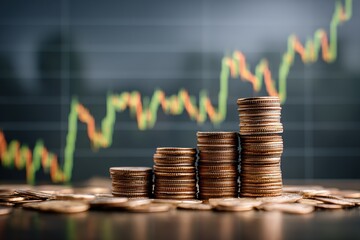 Coins stacked in increasing order before a stock market graph showing an upward trend on a dark background