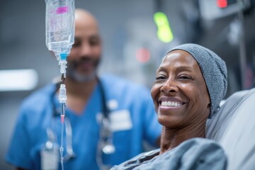 Smiling patient receiving treatment in a hospital setting with attentive staff nearby during evening hours