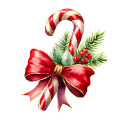 Watercolor christmas red and white candy cane, with a red ribbon. The candy cane is decorated with fir branches, holly and red berries isolated on a white background. Perfect illustration for winter