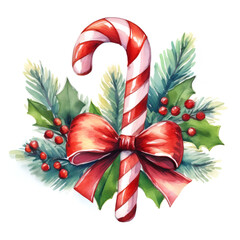 Watercolor christmas red and white candy cane, with a red ribbon. The candy cane is decorated with fir branches, holly and red berries isolated on a white background. Perfect illustration for winter