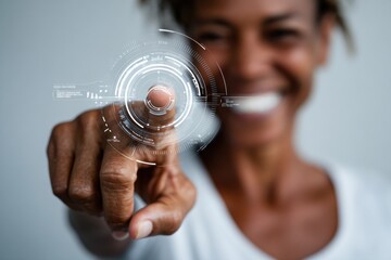 Engaging woman interacts with a virtual interface, showcasing modern technology and innovation