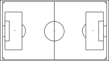 Top view of soccer field layout with goal areas, center circle, and corner arcs, football stadium ground blueprint vector illustration for sports design © Momotaj Contributor