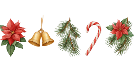 Christmas decorations poinsettia bells candy cane isolated on a transparent background