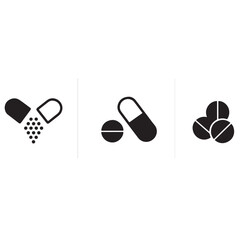 Medication Icon Set Vector – Capsules & Tablets Silhouette for Healthcare, Pharmacy & Medical Design