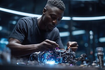 Young man works intently on assembling a complex robotic device in a modern workshop during evening hours