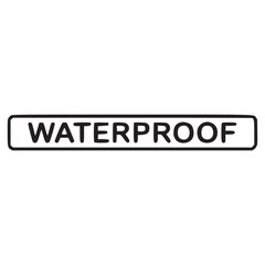 A simple black and white image of the word waterproof in a black rectangle with rounded edges