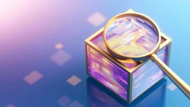 A 3D magnifying glass dissecting layers of data in a digital cube, symbolizing deep search capabilities