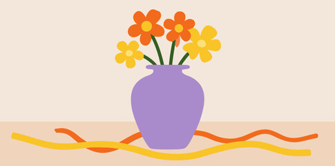 Colorful flowers in a purple vase on a warm toned surface with playful ribbons creating a cheerful atmosphere for mystery matters