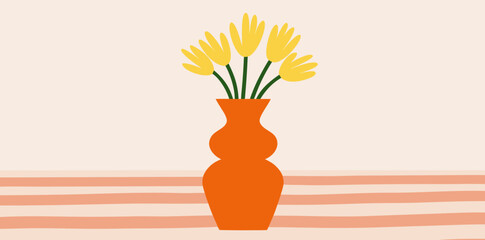 Bright yellow flowers in a vibrant orange vase create a lively atmosphere in a minimalist setting