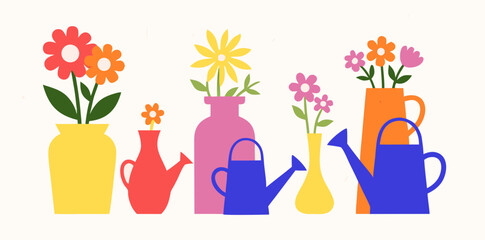 Colorful flower display with vibrant vases and watering cans in a cheerful arrangement