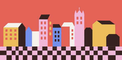 Colorful abstract city skyline with geometric shapes and vibrant shades in an imaginative setting