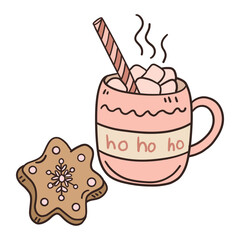 Cute cozy cup of hot drink with marshmallows, straw, and Christmas cookie. Hand-drawn doodle illustration in warm festive style, perfect for cards, posters, and stickers.
