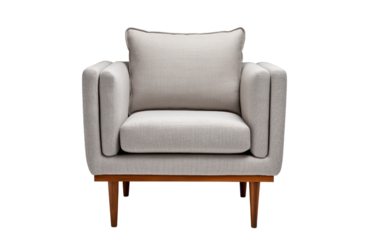 Light gray fabric armchair with wooden legs isolated on a transparent background