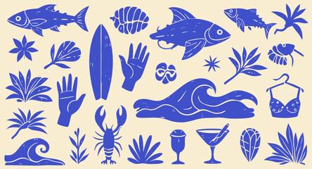 Explore vibrant ocean life and surf culture through artistic blue silhouettes on a sandy background