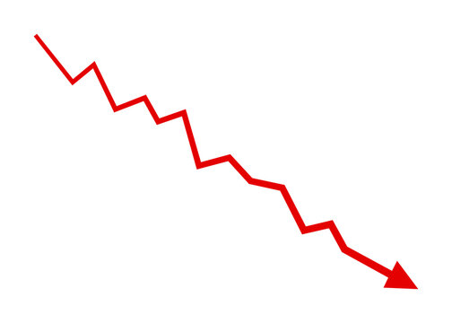 Stock market down trend arrow. Red arrow graph line chart moving down concept of stock market business loss transparent PNG. 