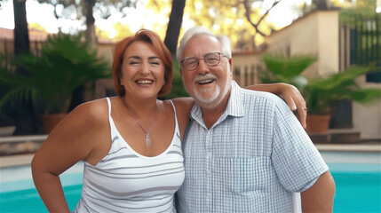 Senior couple smiling outdoors in bright sunshine with swimming pool background. Happy mature man and woman enjoying retirement lifestyle in tropical resort setting with copy space.
