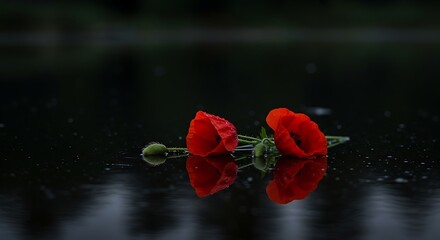 Two vibrant red poppies rest gently on a dark, reflective surface, creating a poignant and serene scene of remembrance and beauty in the somber light.