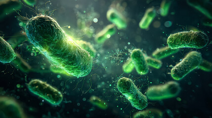 Detailed microscopic view of green bacteria, showcasing their unique shapes and glowing features in a dark, scientific atmosphere