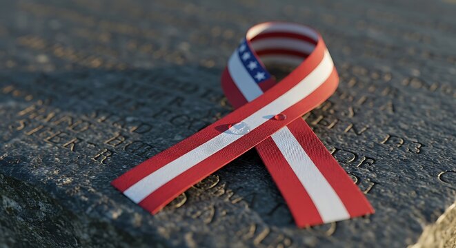 American flag ribbon rests on a weathered gravestone in a solemn cemetery, honoring fallen heroes with patriotic remembrance and respect.