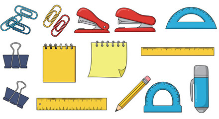 Colorful collection of common office and school stationery items displayed neatly