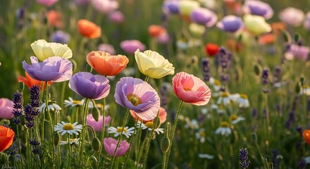 Enchanting field of colorful poppy flowers with daisies and lavender in the springtime sun