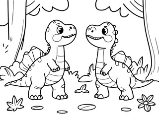 Obraz premium Two adorable baby dinosaurs smiling and looking at each other in a prehistoric forest setting, perfect for children's books and educational content.