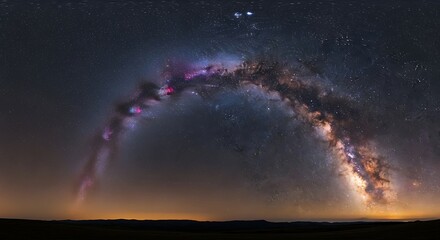 Panoramic View of the Milky Way Galaxy Over a Dark Landscape Shining Stars Astronomy