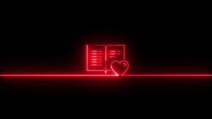 Animation of an open book icon with a heart, with a neon effect ,black background futuristic technology concept ,Neon glowing open book with heart symbol, text and lists on - Powered by Adobe