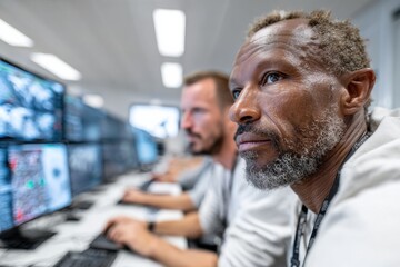 Professionals monitoring security feeds in a high-tech command center during a busy daytime shift