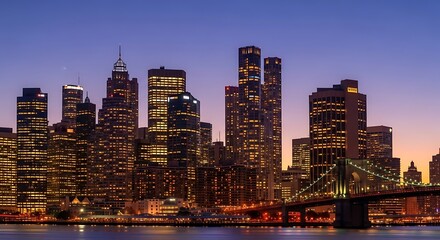 New York City Skyline at Dusk with Brooklyn Bridge Illuminating the Night