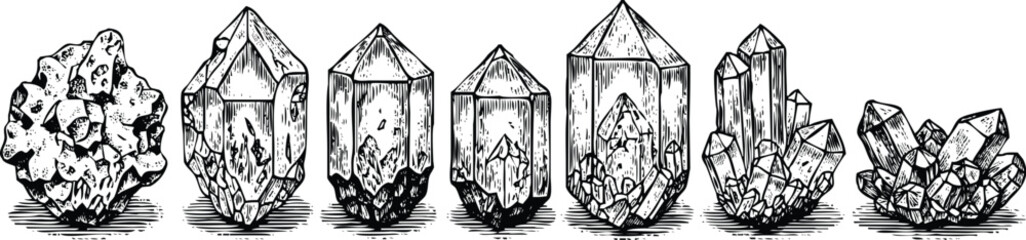Fototapeta premium Assortment of seven different quartz crystal formations, isolated on transparent background