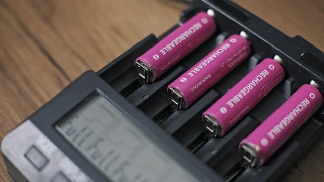 Close up of four pink rechargeable AA batteries in a black charging station. The LCD screen shows a Full status for each cell placed on a dark brown wooden surface in a workshop setting.