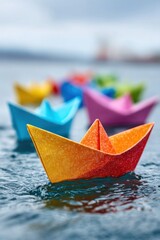 Colorful paper boats floating on water in a serene afternoon setting near the shore