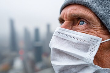 Close-up of an elderly man wearing a mask in a city during a foggy day reflecting caution and care for health