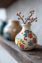 Colorful decorative vase with flowers displayed on a wooden shelf in a cozy home setting