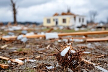 Tornado aftermath in a rural area with damaged buildings and debris scattered across the ground