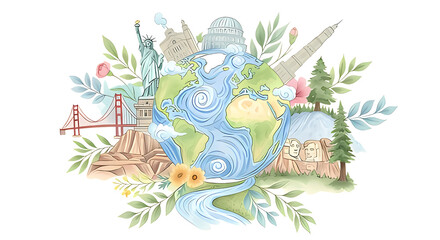 Watercolor earth globe with world landmarks isolated on transparent background