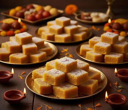 Traditional Indian Diwali Faral Feast with Besan Laddu, Chakli, Kaju Katli, Karanji, Dry Fruits, Pedha, Jalebi, Barfi, Gulab Jamun, Rasgulla, Poha Chivda and Shankarpali &ndash; Festive Sweets & Snacks