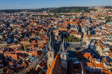 Obraz premium Beautiful Aerial view of Old town Square, the Astronomical Clock, St. Nicholas Church and the Church of Our Lady before Týn in Prague