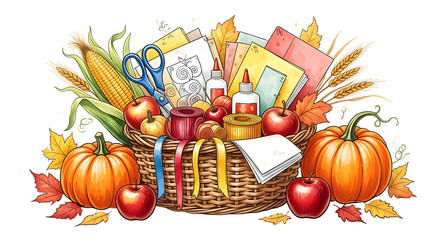 Basket filled with autumn harvest and craft supplies isolated on transparent background