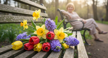 Elderly woman sitting on a bench with flowers in springtime park  