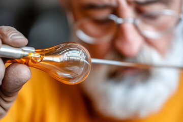 Glass artist shaping molten material into an artistic shape with focused precision. The beauty of craftsmanship and creative process.