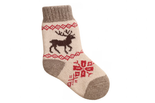 Warm knit sock with reindeer snowflake pattern on transparent background